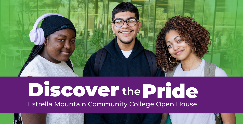 Graphic says: Discover the Pride EMCC Open House with photo of three students