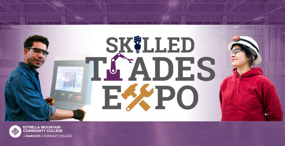 Two industry professionals stand on each side of the  skill trades expo logo.