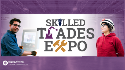 Two industry professionals stand on each side of the skill trades expo logo.