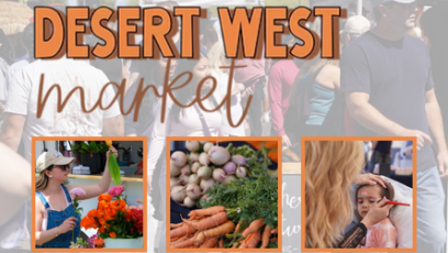 Photos of Desert West Market showing someone grabbing tulips, carrots, and other items