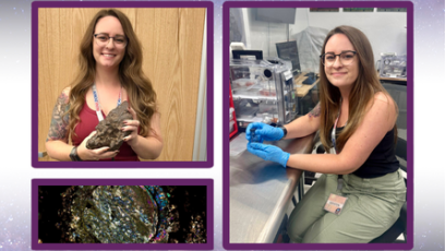 Krysten Sarkissian poses for photos with science equipment and space rocks