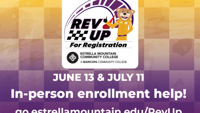 EMCC Rev Up for Registration logo with text that reads "June 13 & July 11 In person enrollment help!" and then the website linked in the article