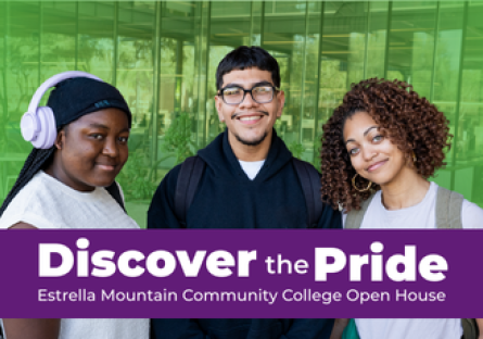 Graphic says: Discover the Pride EMCC Open House with photo of three students