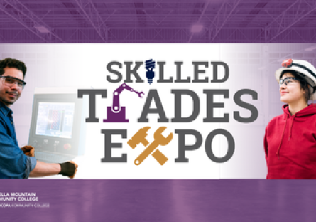 Two industry professionals stand on each side of the skill trades expo logo.
