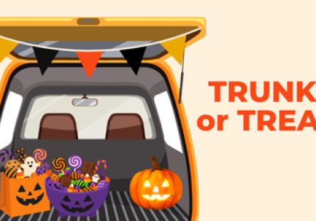 An open vehicle trunk with candy and pumpkins inside.