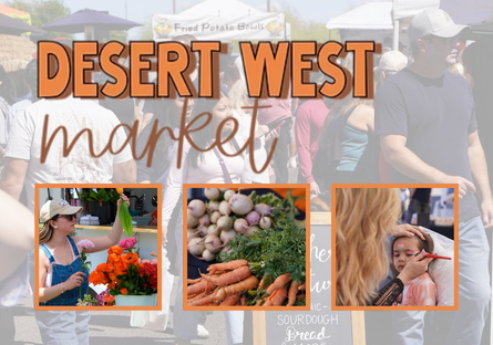 Photos of Desert West Market showing someone grabbing tulips, carrots, and other items