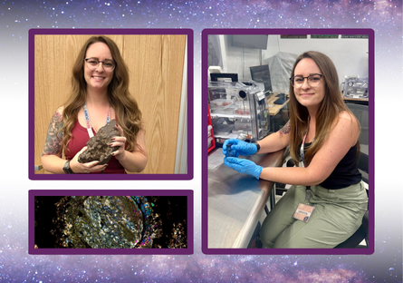 Krysten Sarkissian poses for photos with science equipment and space rocks