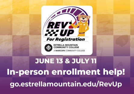 EMCC Rev Up for Registration logo with text that reads "June 13 & July 11 In person enrollment help!" and then the website linked in the article