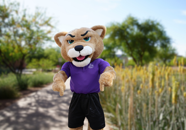 Roary mountain lion mascot looking happy to be at EMCC.